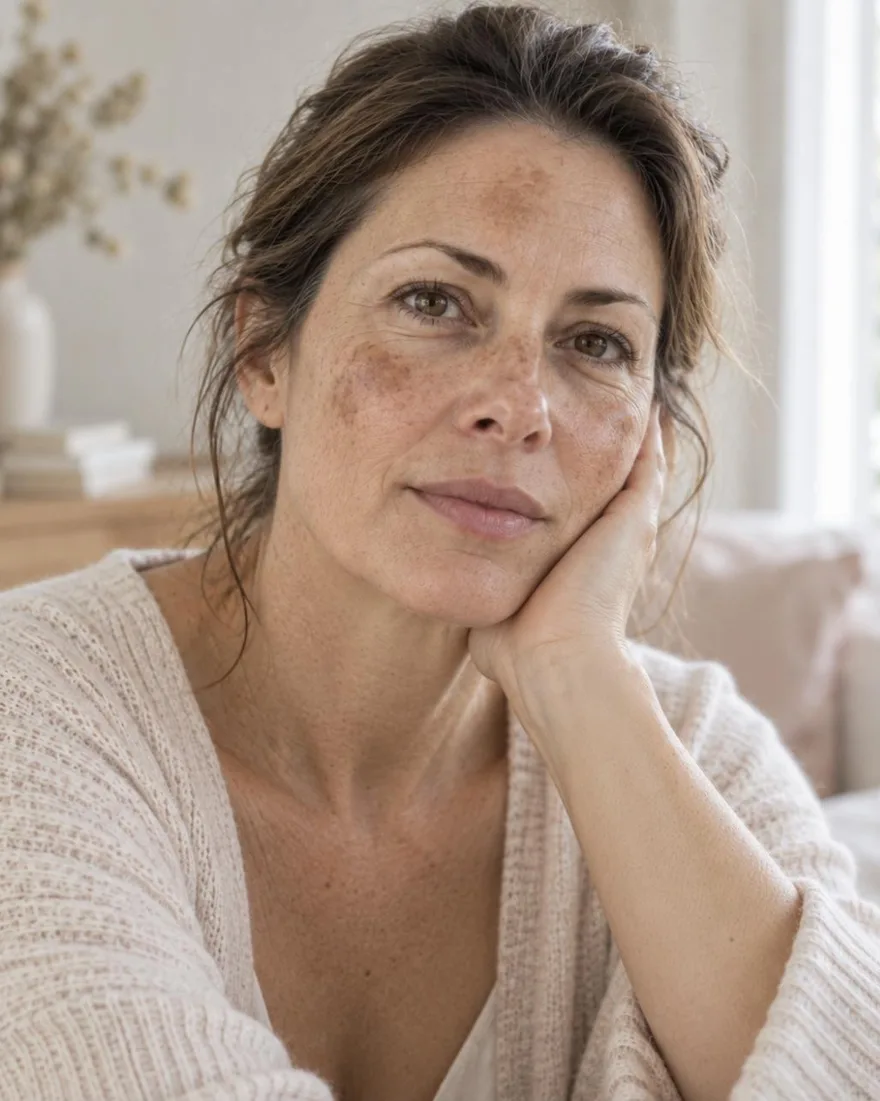Donna reale di 40–55 anni con macchie scure visibili su zigomi e fronte, pelle naturale senza trucco, luce di finestra, nessun ritocco