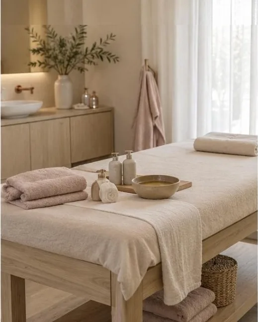 Cabina per massaggi luminosa: lettino in legno chiaro, asciugamani color cipria, luce naturale