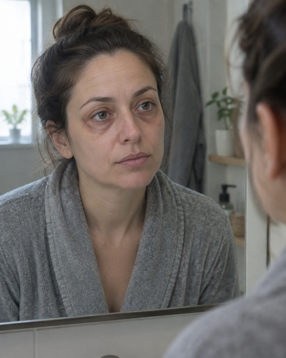 Donna reale di 35–50 anni con occhiaie scure e lieve gonfiore sotto gli occhi, sguardo stanco ma naturale, luce morbida del mattino, nessun ritocco