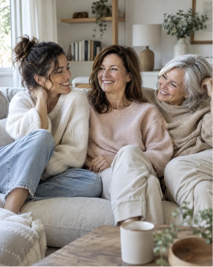 Tre donne di età diverse con pelli diverse, sedute vicine, sorridenti, luce naturale
