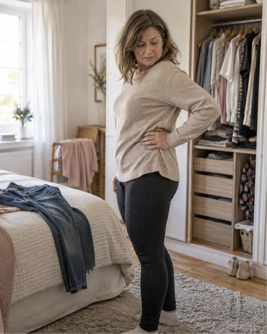 Fianco e pancia di una donna reale di 40–50 anni con un piccolo accumulo naturale, intimo semplice nude, luce naturale, nessun volto, nessun ritocco