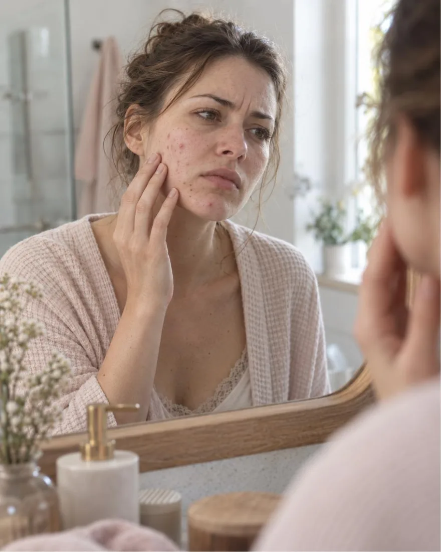 Giovane donna reale di 20–30 anni con brufoli, punti neri e qualche segno scuro sulle guance e sul mento, senza trucco, luce naturale, nessun ritocco