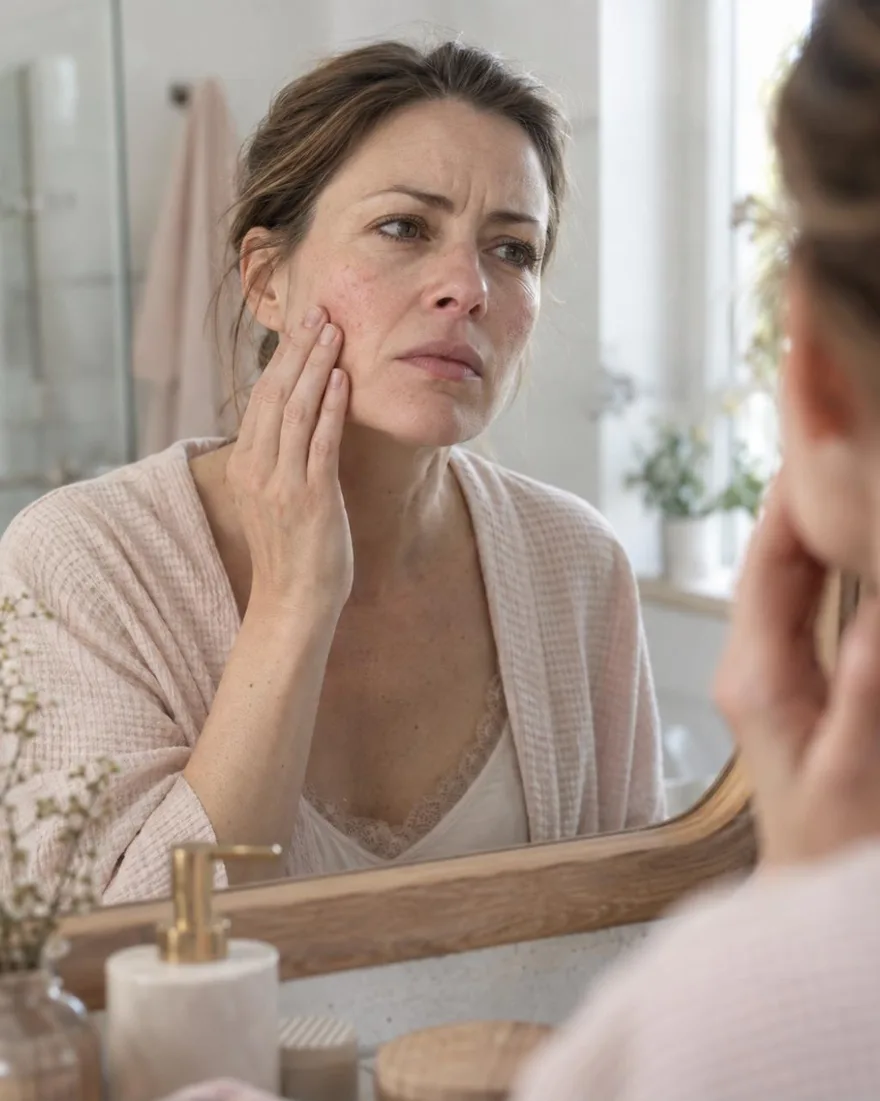 Donna reale di 35–45 anni, guance leggermente arrossate e pelle che si vede irritata, espressione un po' a disagio, luce naturale, nessun ritocco