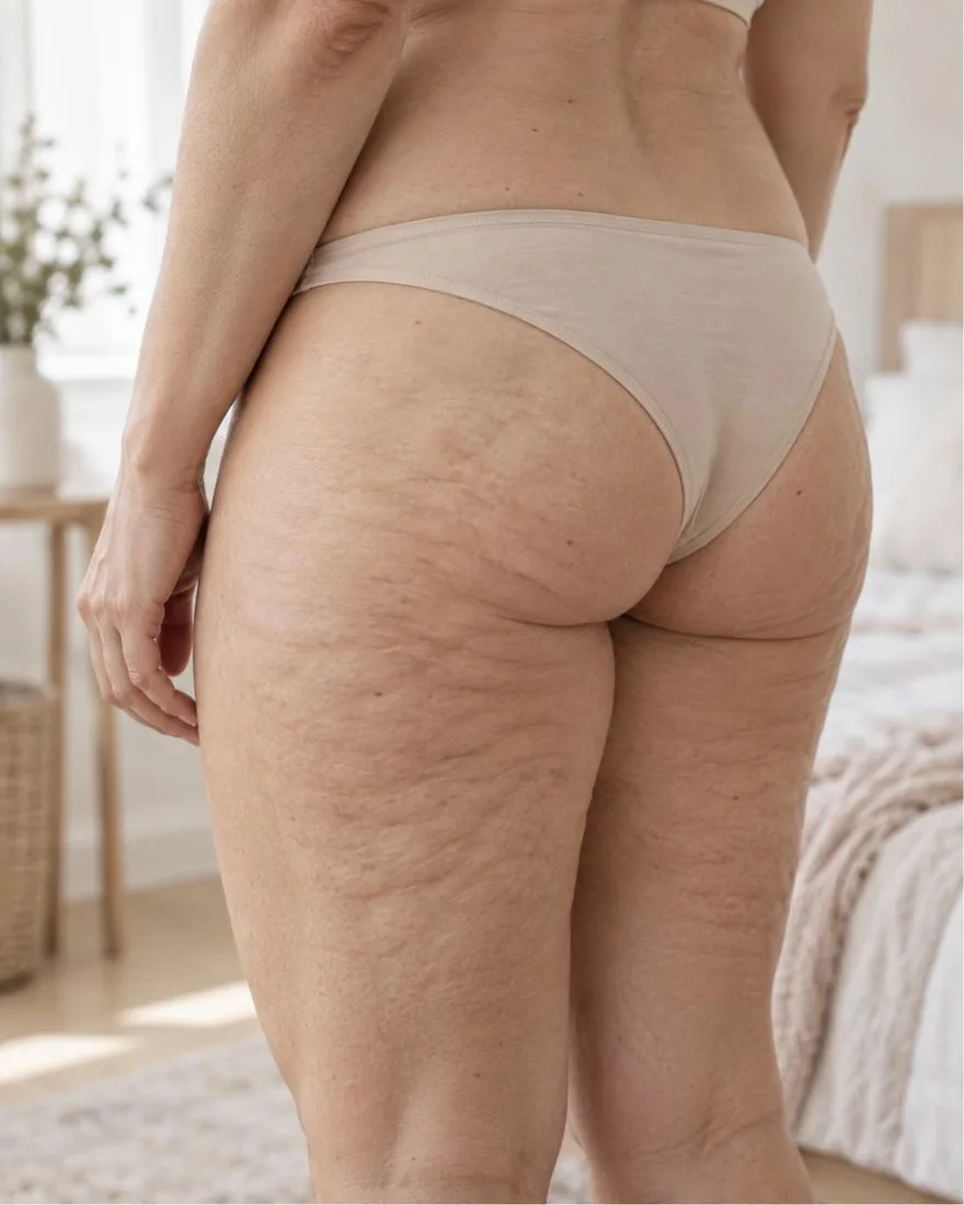 Cosce e glutei di una donna reale con cellulite visibile, in costume o intimo semplice color nude, luce naturale, nessun ritocco, nessun volto