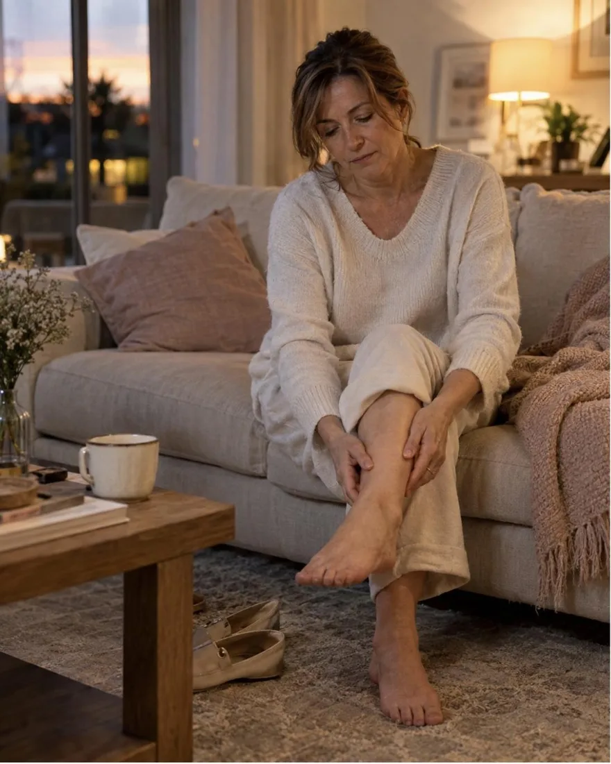 Donna reale seduta sul divano a fine giornata che si massaggia le caviglie gonfie, scarpe tolte accanto, luce calda della sera