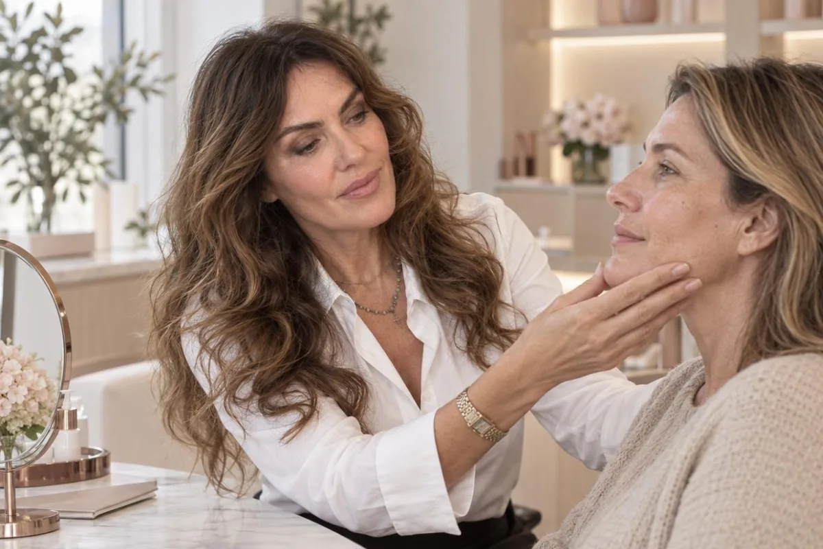 Carla Ravasio che osserva da vicino la pelle di una cliente durante la consulenza