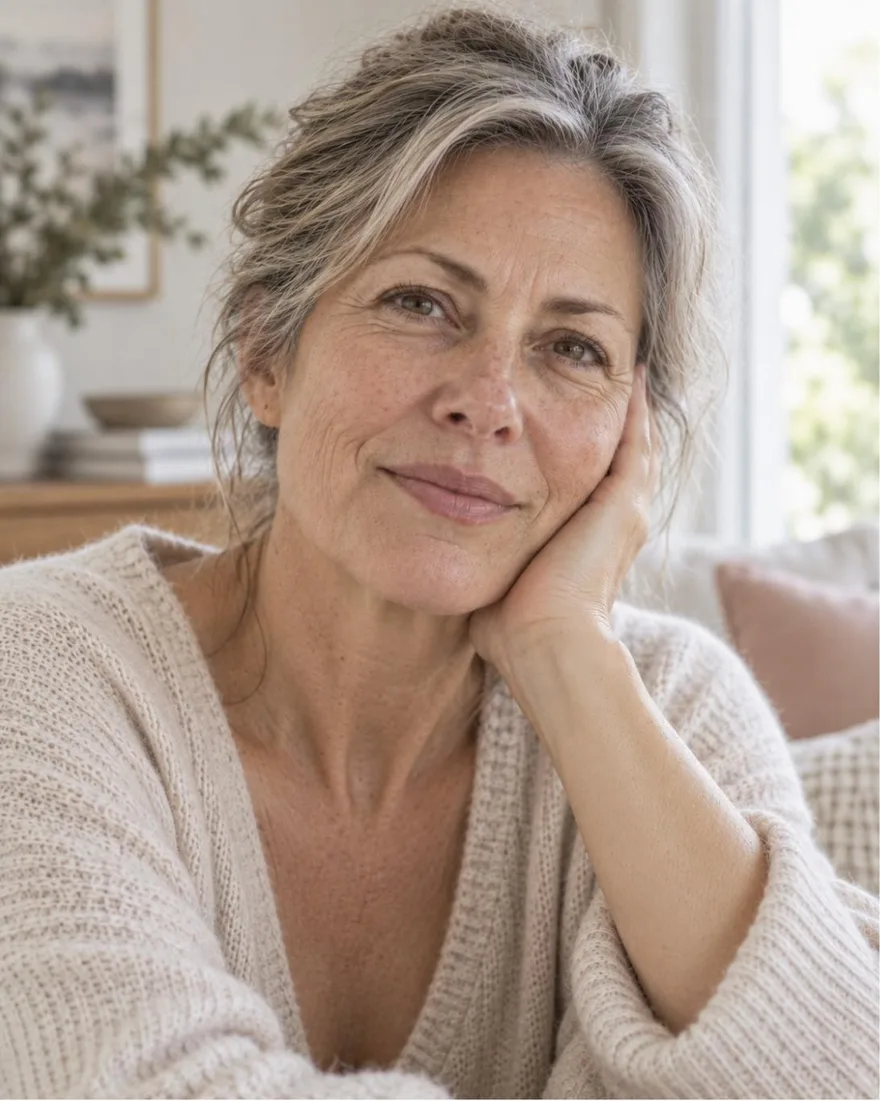 Donna reale di 50–60 anni con rughe d'espressione vere intorno a occhi e bocca, sorriso sereno, pelle naturale non ritoccata, luce morbida