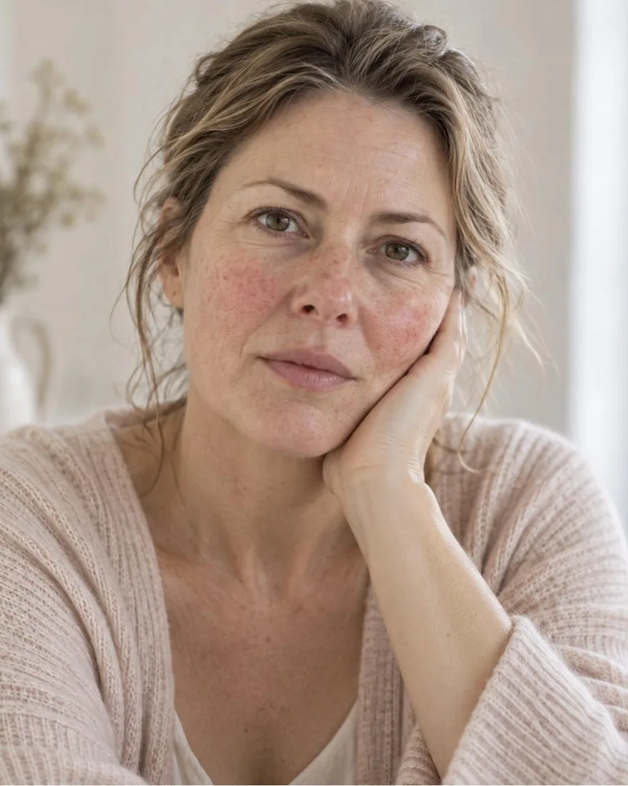 Donna reale di 40–55 anni con rossore diffuso su guance e naso e piccoli capillari visibili, senza trucco, luce naturale morbida, nessun ritocco