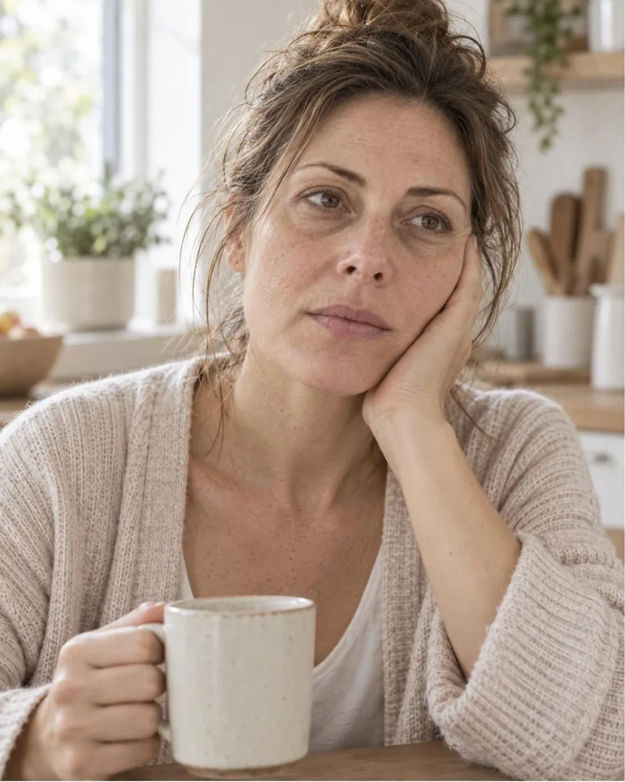 Donna reale di 35–50 anni con pelle opaca e un po' secca, occhiaie leggere, guarda nello specchio del bagno al mattino, luce naturale, nessun ritocco
